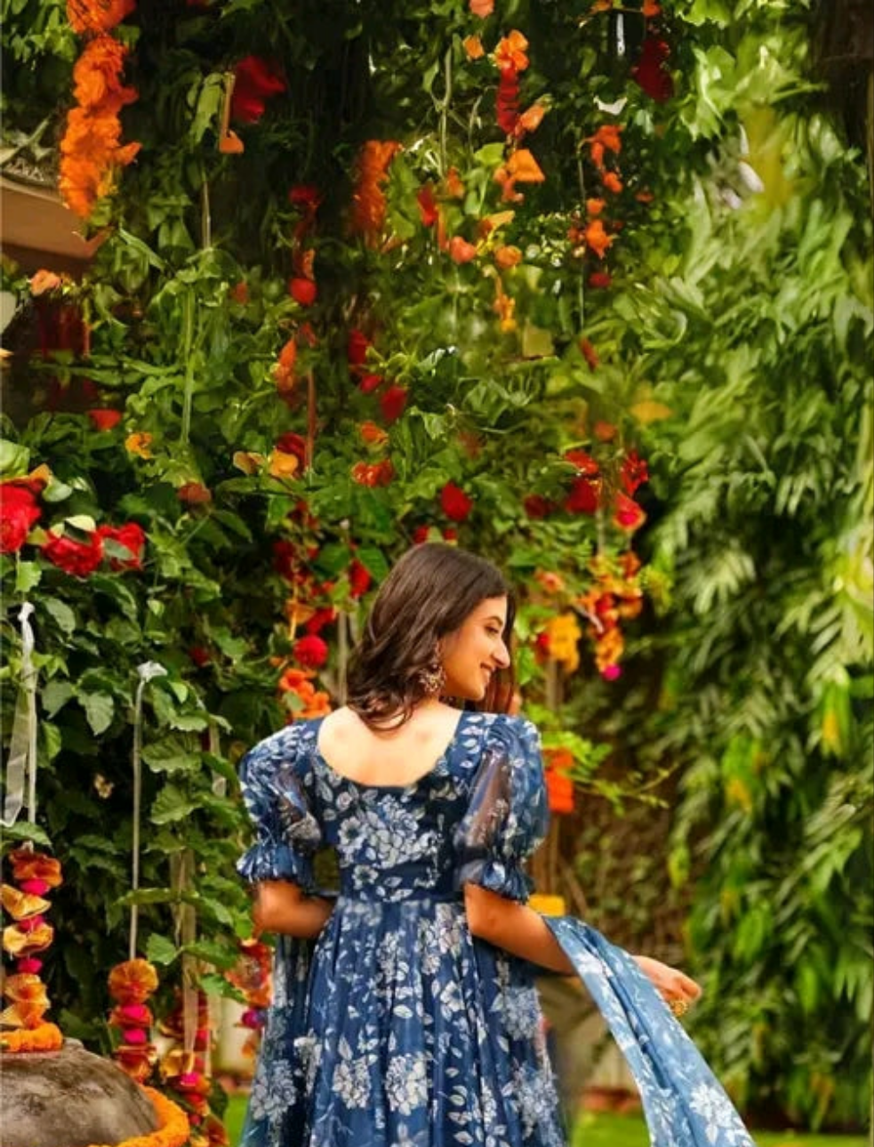 Blue Floral Anarkali with Dupatta