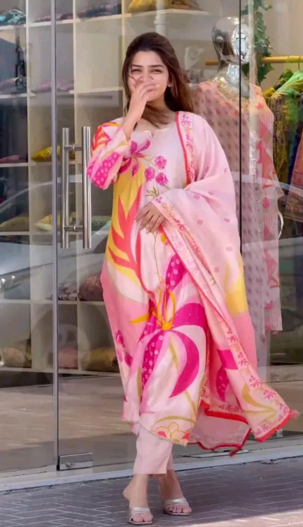 Pink Floral Print Kurti Set with Dupatta