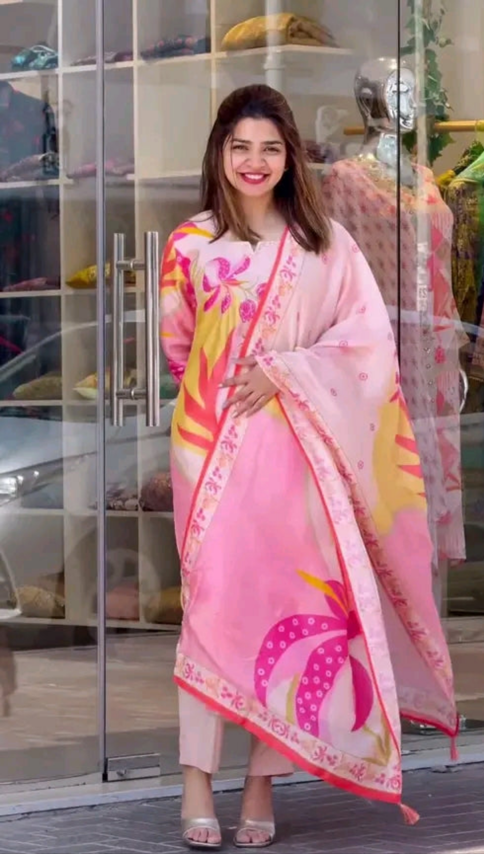Pink Floral Print Kurti Set with Dupatta
