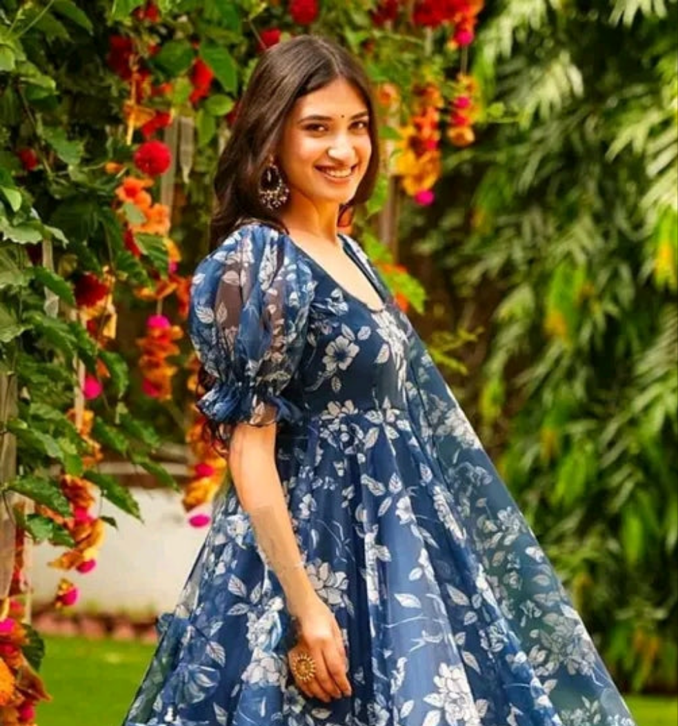 Blue Floral Anarkali with Dupatta
