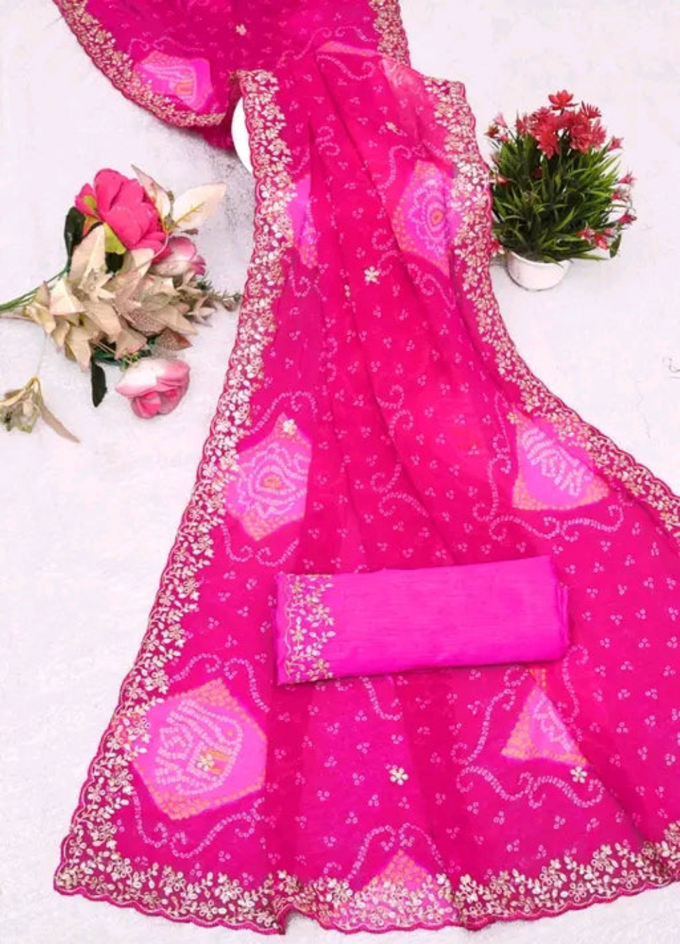 Sawan Bandhani Saree with Pitta Border
