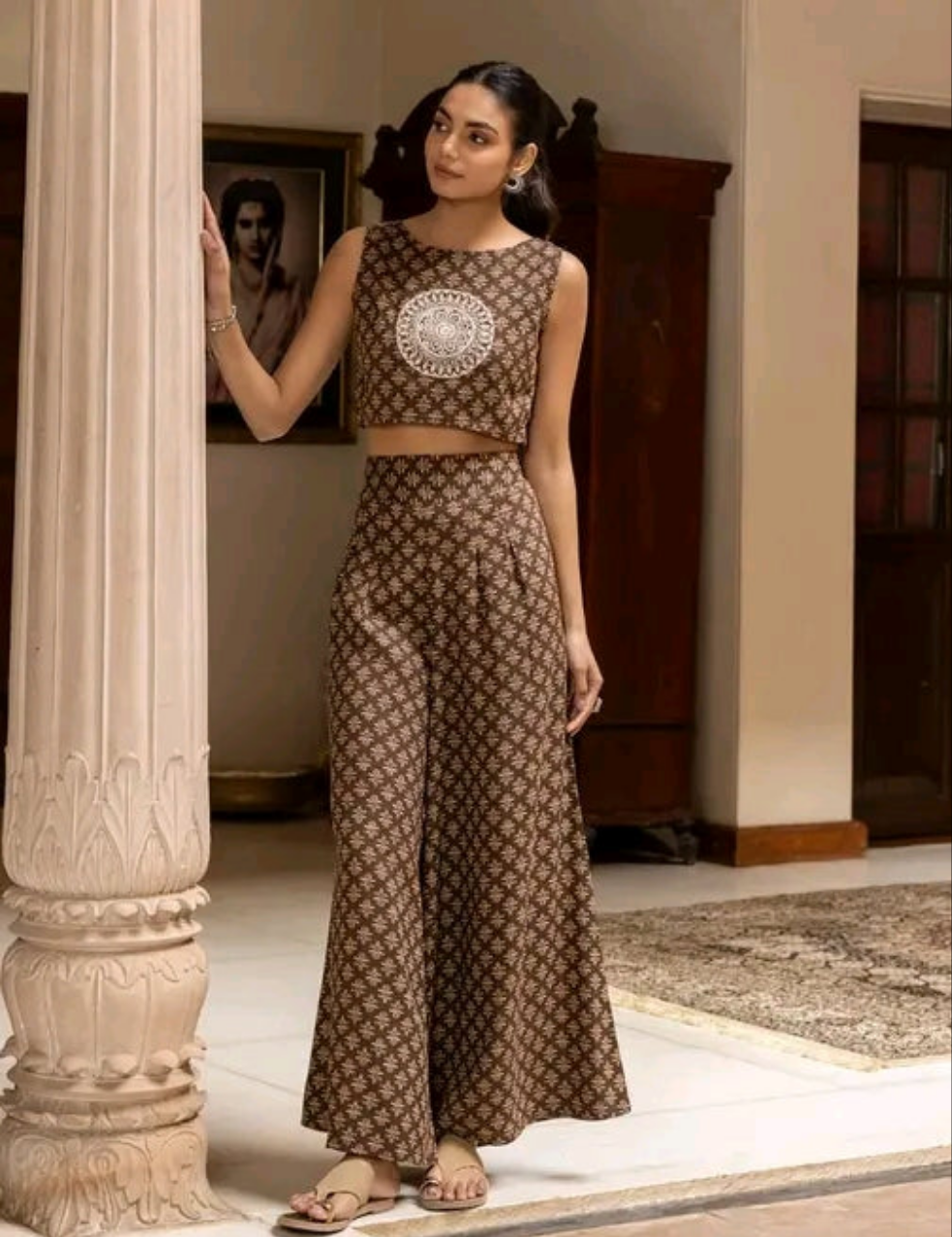 Brown Printed Co ord Set with Plazo