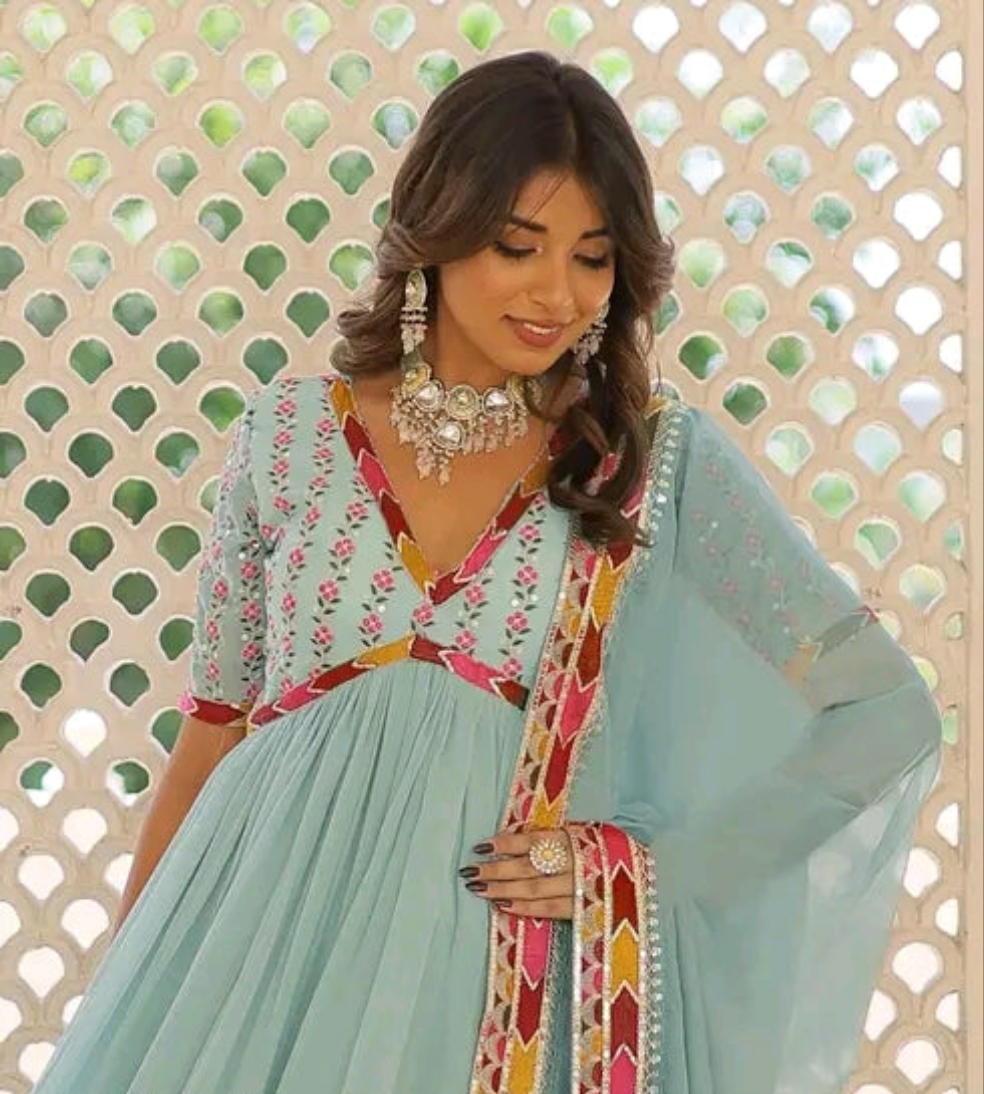 Aqua Blue Anarkali with Dupatta