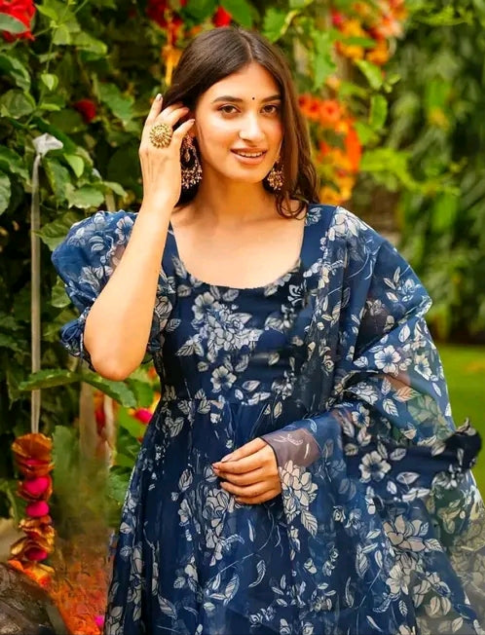 Blue Floral Anarkali with Dupatta