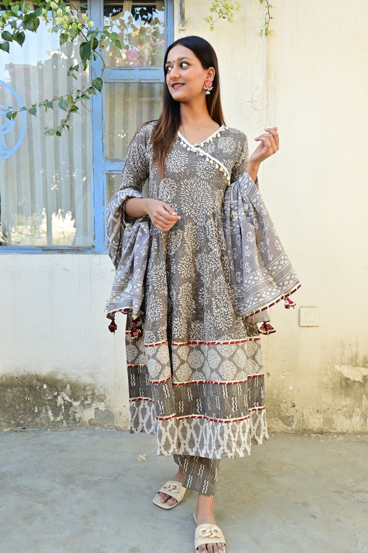 Raabta Grey Mandana Print Anarkali Suit Set
