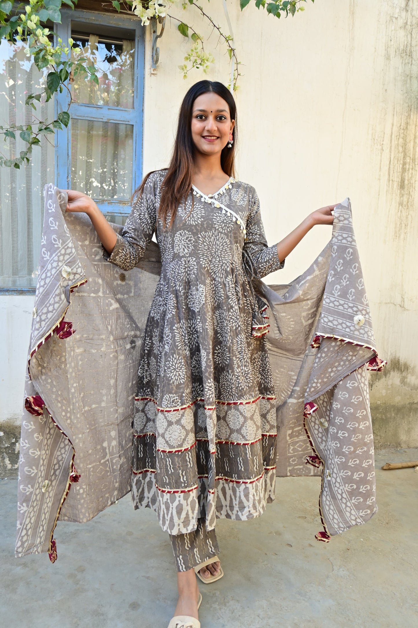 Raabta Grey Mandana Print Anarkali Suit Set