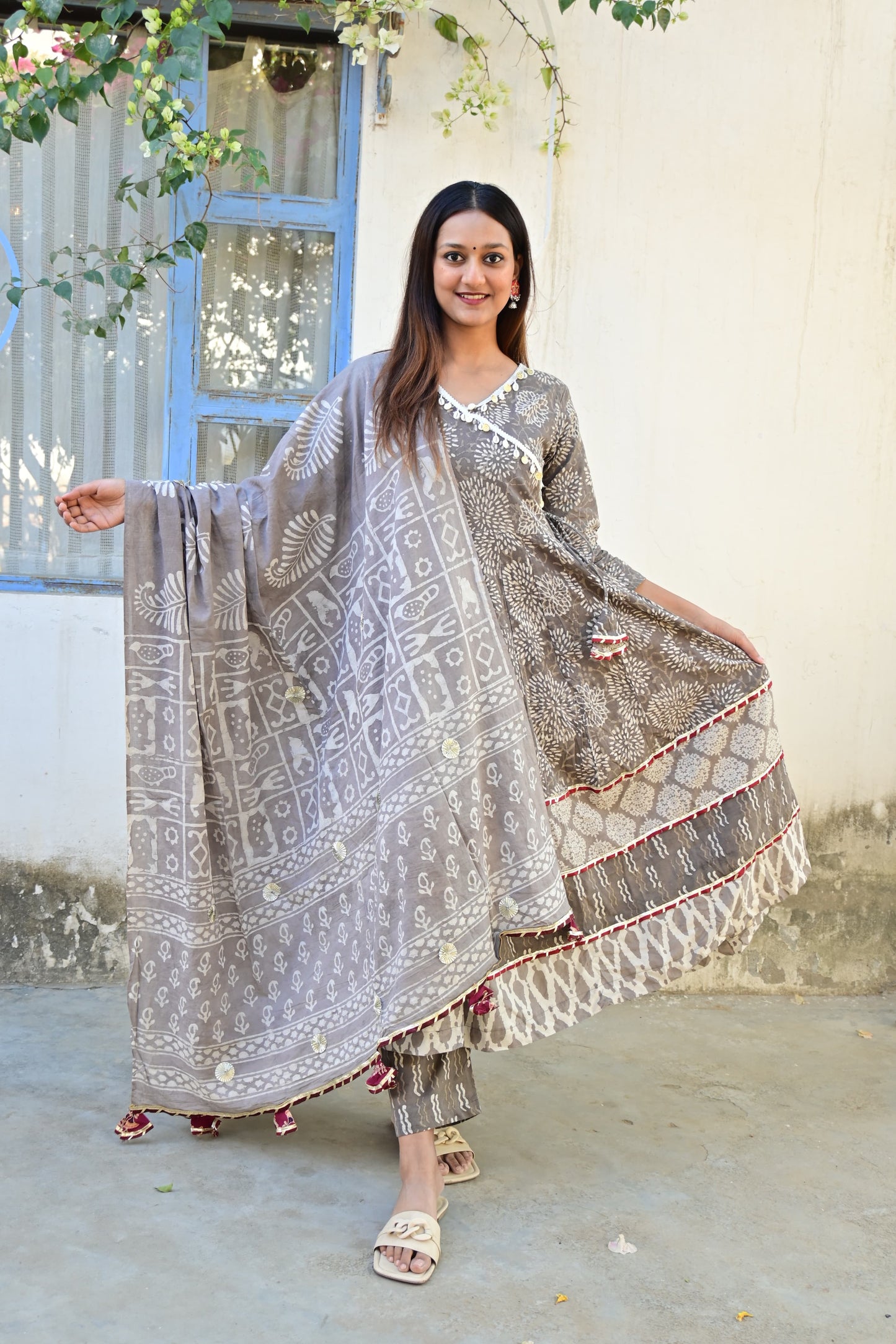 Raabta Grey Mandana Print Anarkali Suit Set