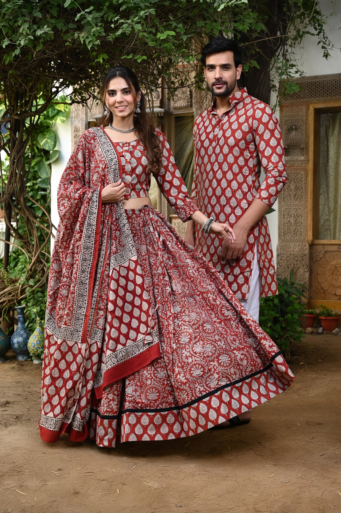 Raas Floral Print Lehenga Kurta Couple Twinning Set