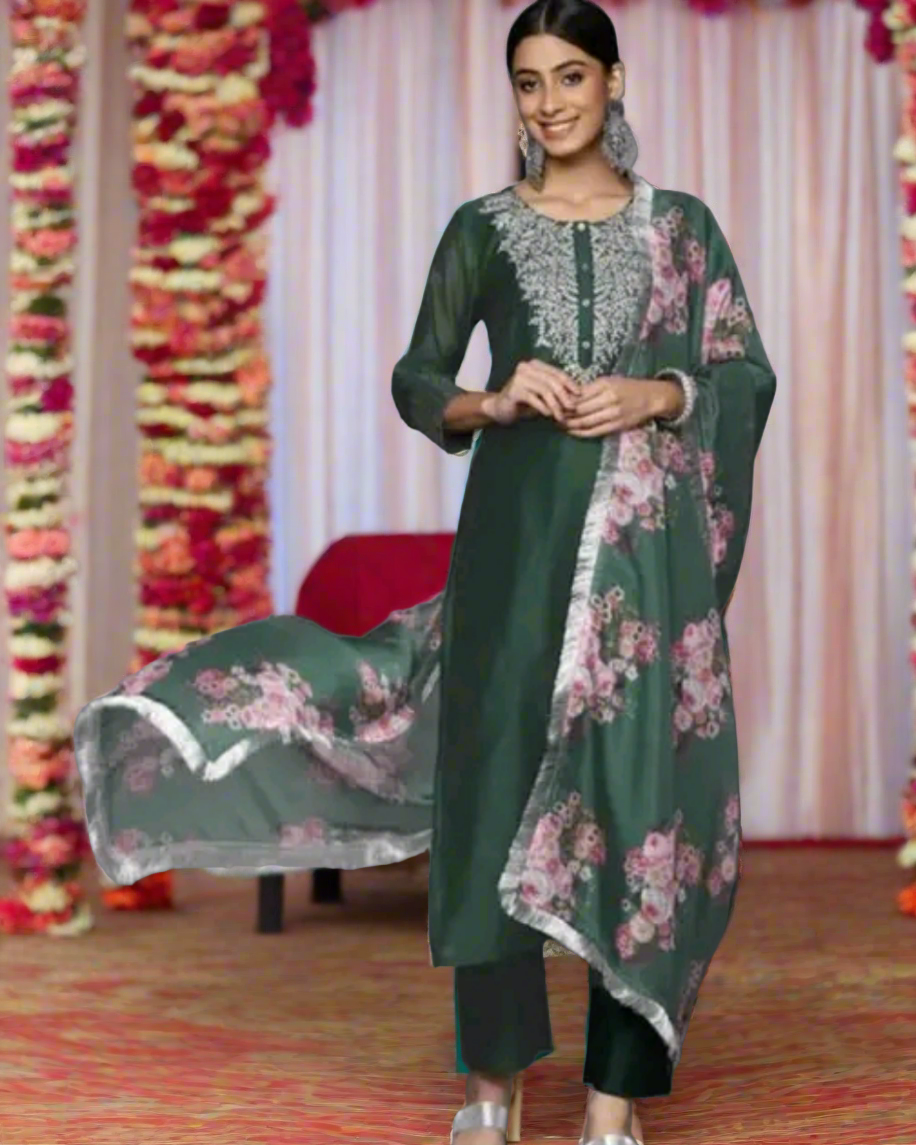Traditional Motif Kurti Set with Floral Dupatta