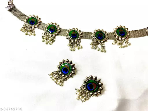 Peacock Feather Oxidized Choker Set