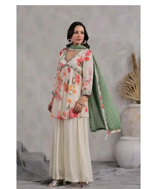 Floral Print Sharara Set With Embroidery