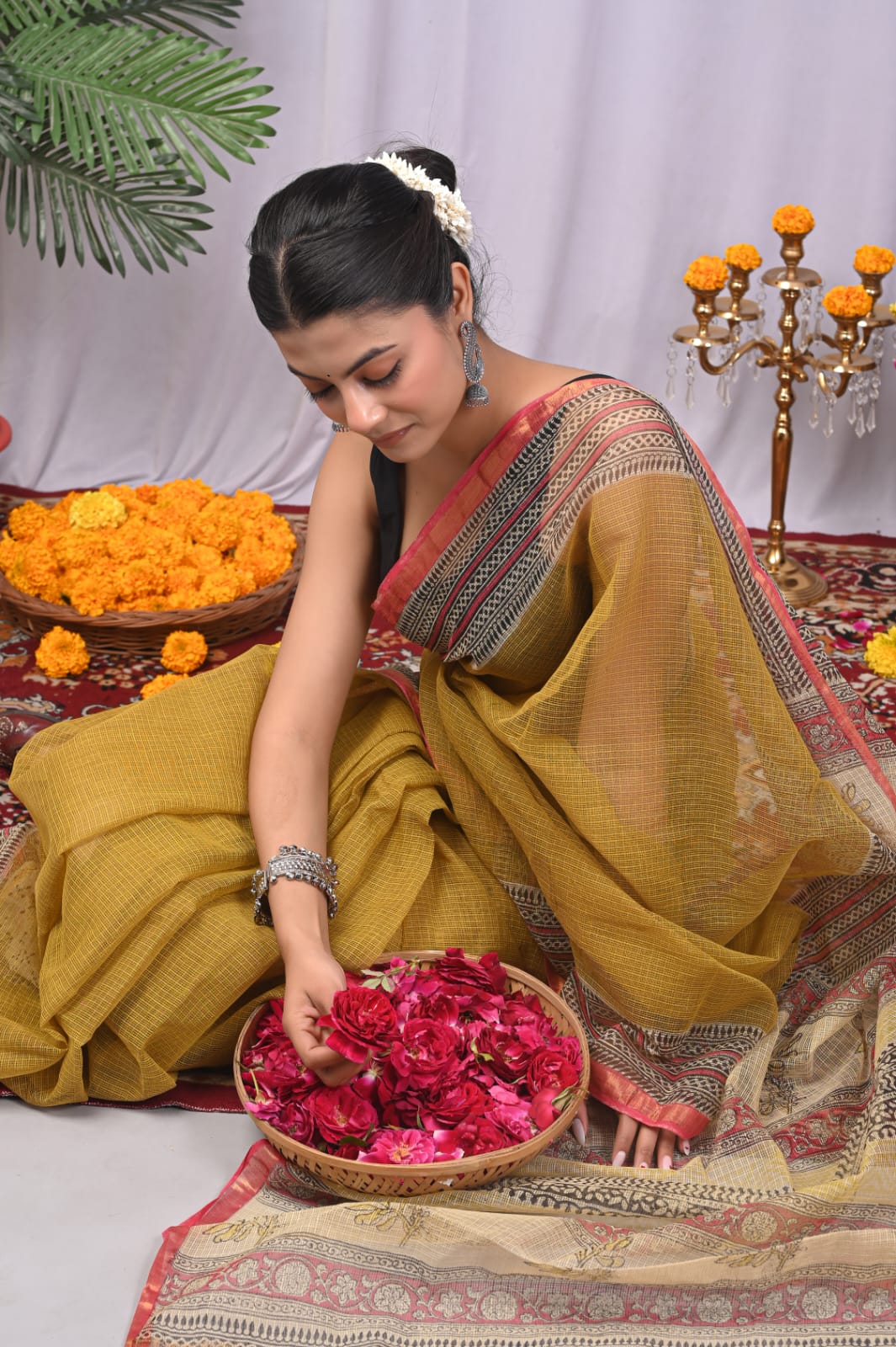 Printed Border Mustard Kota Doria Saree