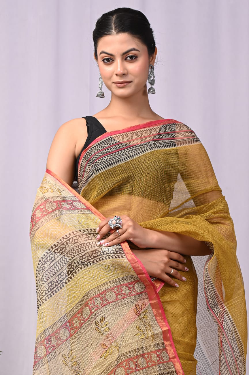Printed Border Mustard Kota Doria Saree