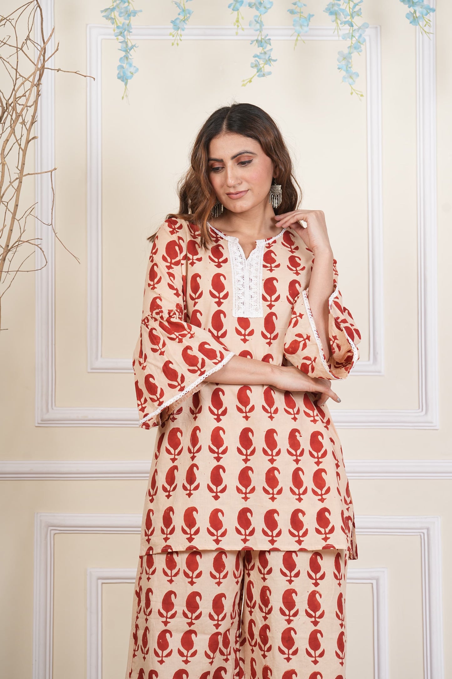 Pure Beige Red cotton lace detailing co ord set
