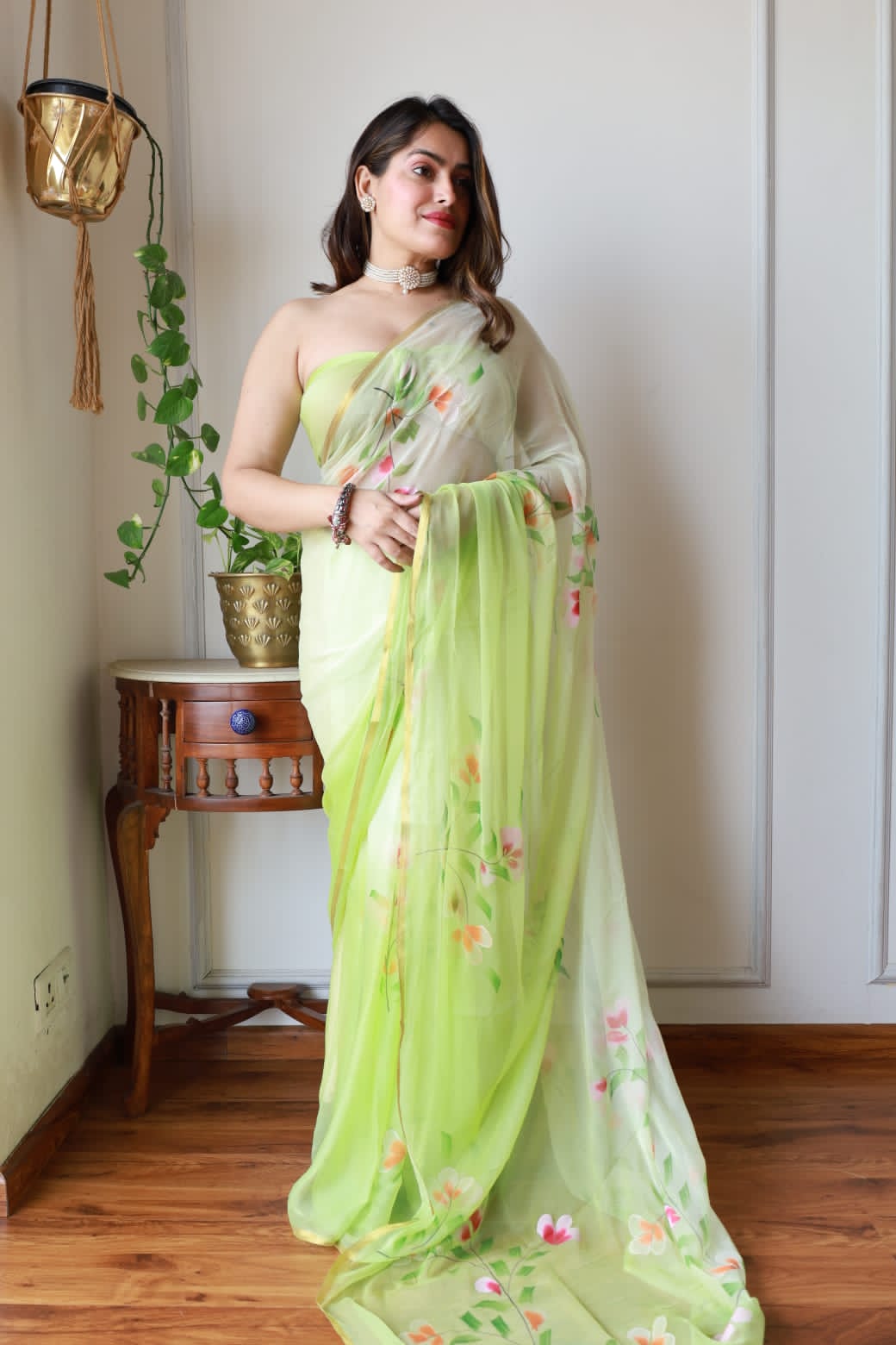Floral Hand Brsuhed Chiffon Saree