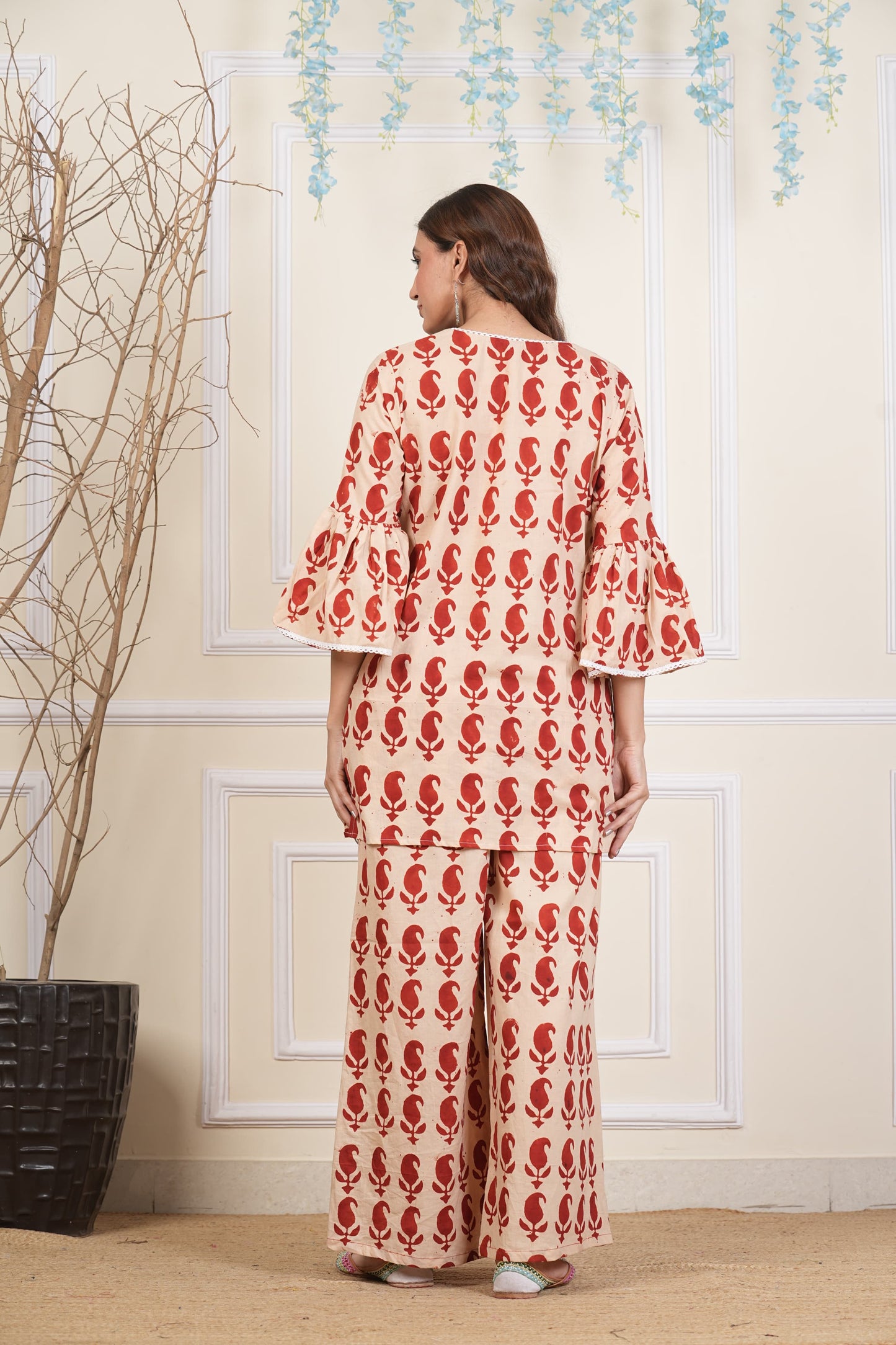 Pure Beige Red cotton lace detailing co ord set