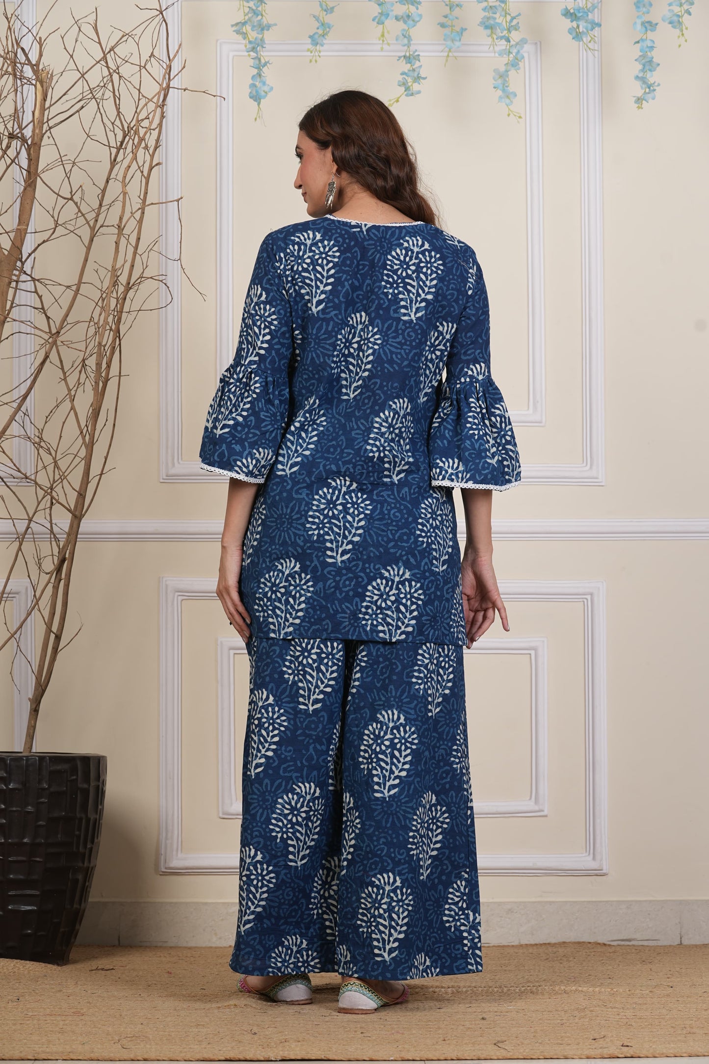 Indigo Print Cotton Co ord Set with Lace Detailing