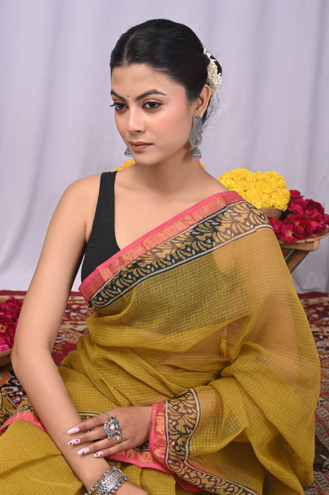 Printed Border Mustard Kota Doria Saree