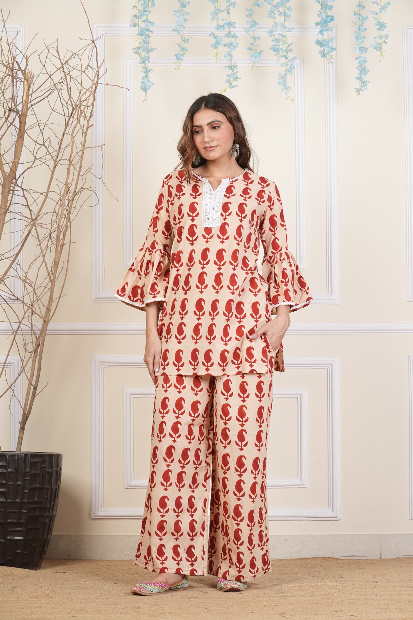 Pure Beige Red cotton lace detailing co ord set
