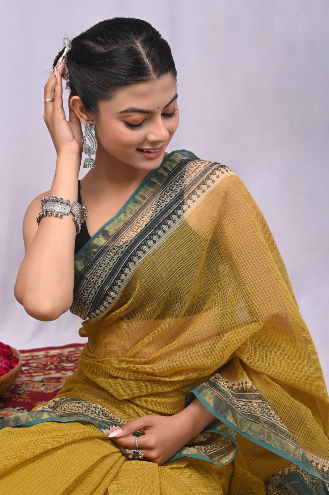 Printed Border Mustard Kota Doria Saree