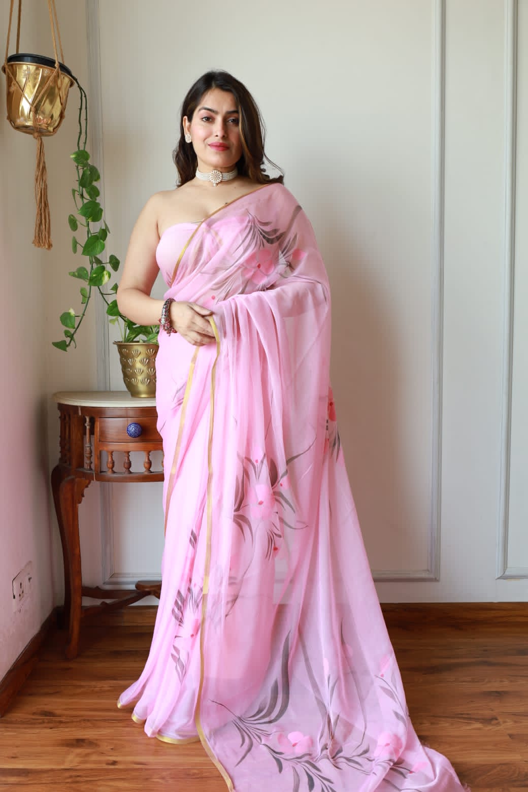 Floral Hand Brsuhed Chiffon Saree