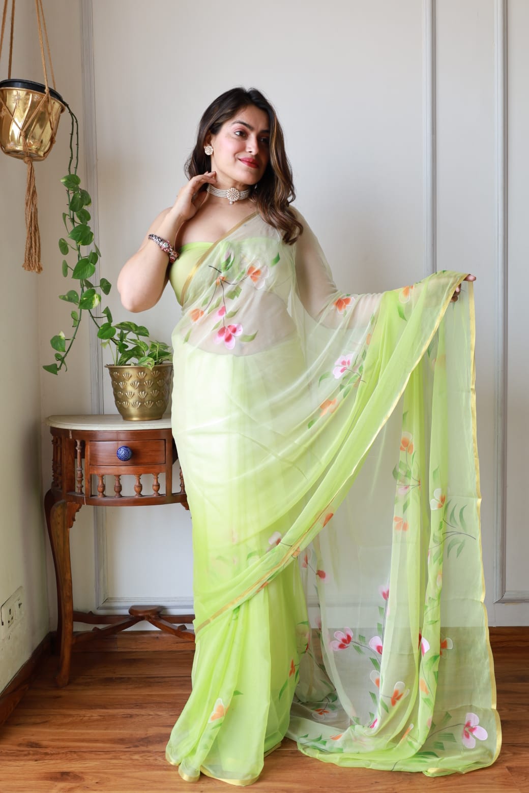 Floral Hand Brsuhed Chiffon Saree
