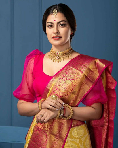 Golden Jacqard Saree with Pink Border