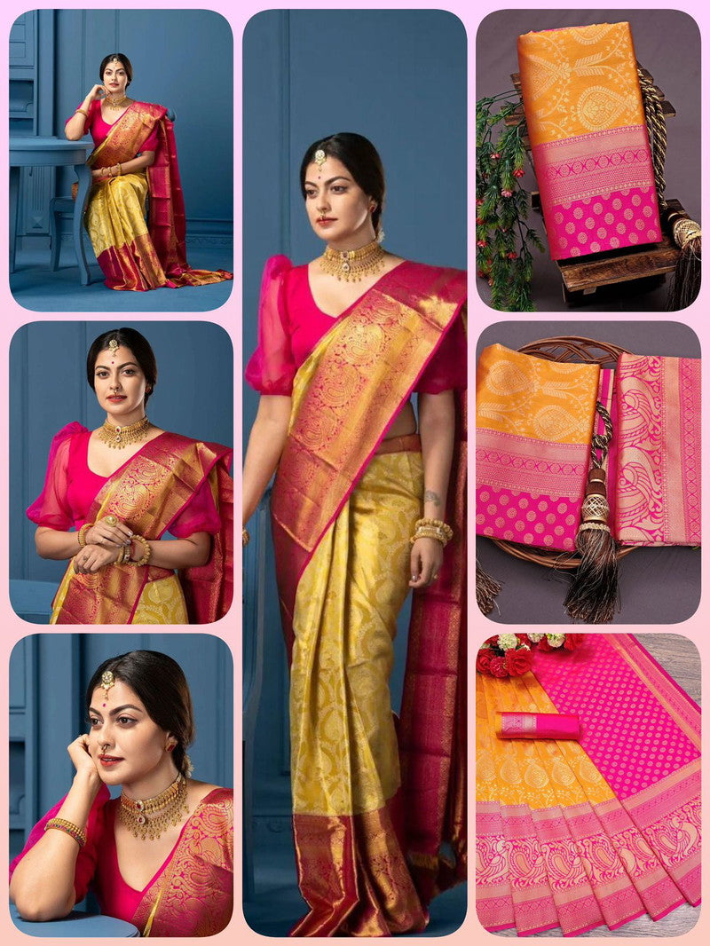 Golden Jacqard Saree with Pink Border