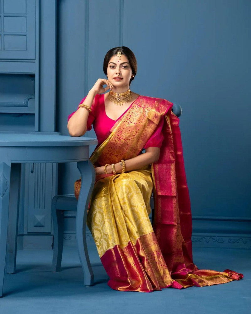 Golden Jacqard Saree with Pink Border