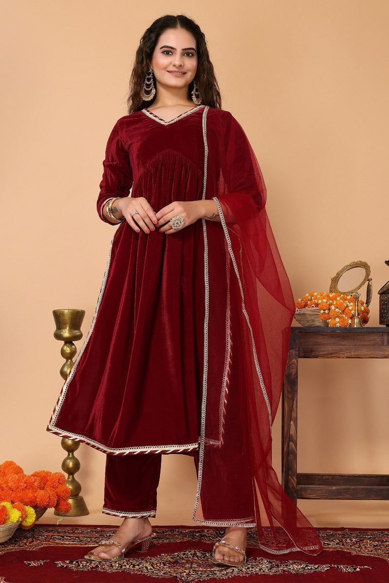 Maroon Velvet Suit with Dupatta