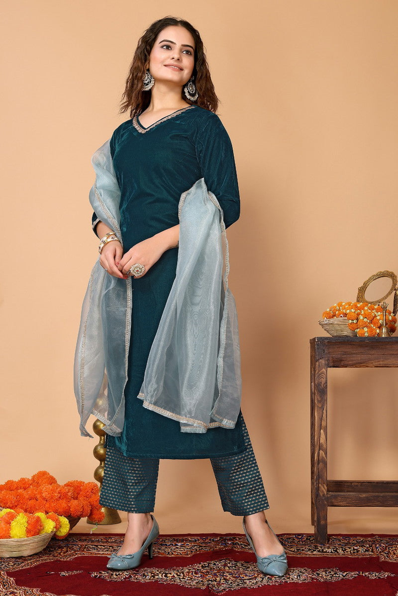 Turquoise Velvet Kurti Set with Duptta