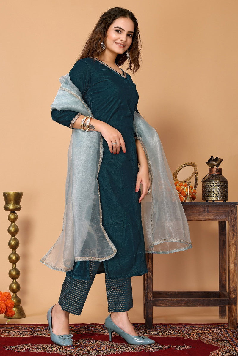 Turquoise Velvet Kurti Set with Duptta