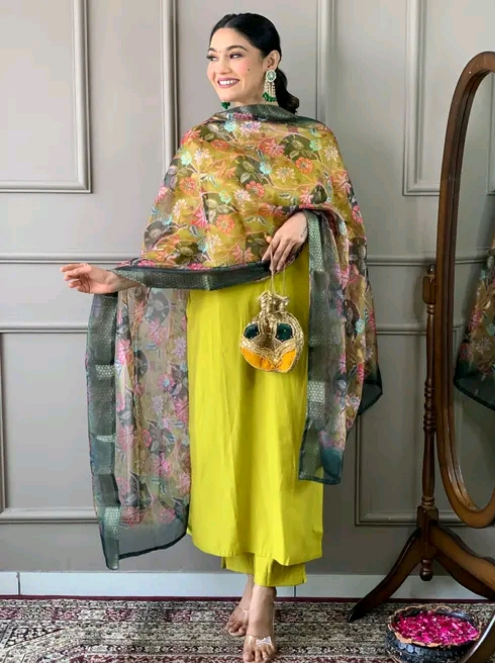 Chanderi Kurti Set with Floral dupatta