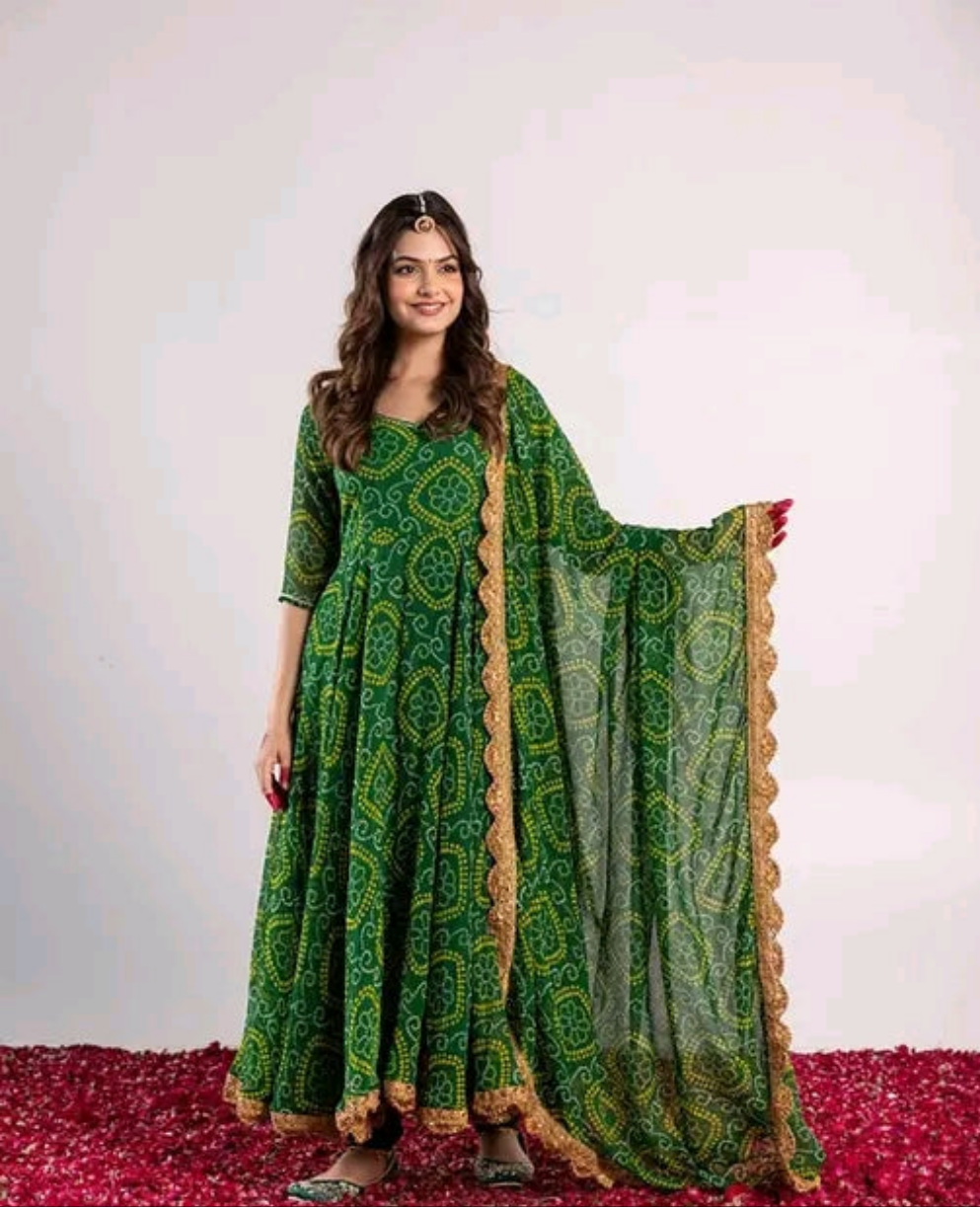 Bandhni Zari Border Anarkali Kurti Set