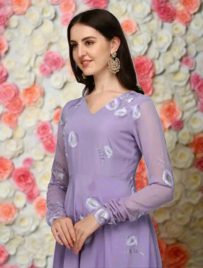 Lavendaer Handpainted floral Anarkali with Pants and Gota Work