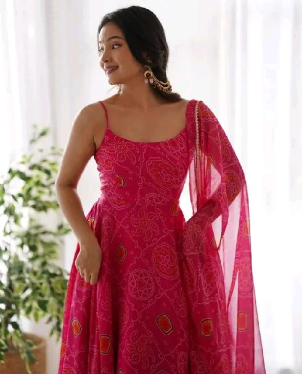 Bandhni Sleevless Anarkali Suit