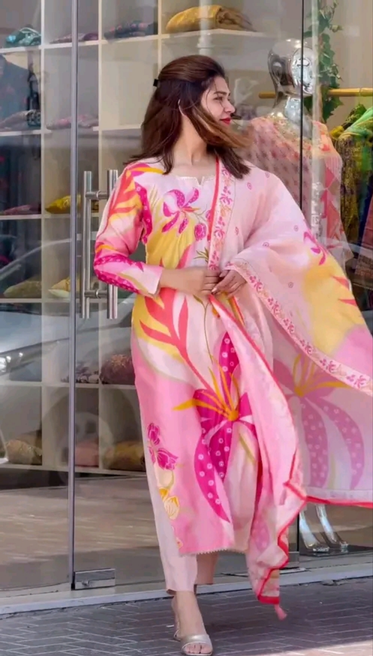 Pink Floral Print Kurti Set with Dupatta