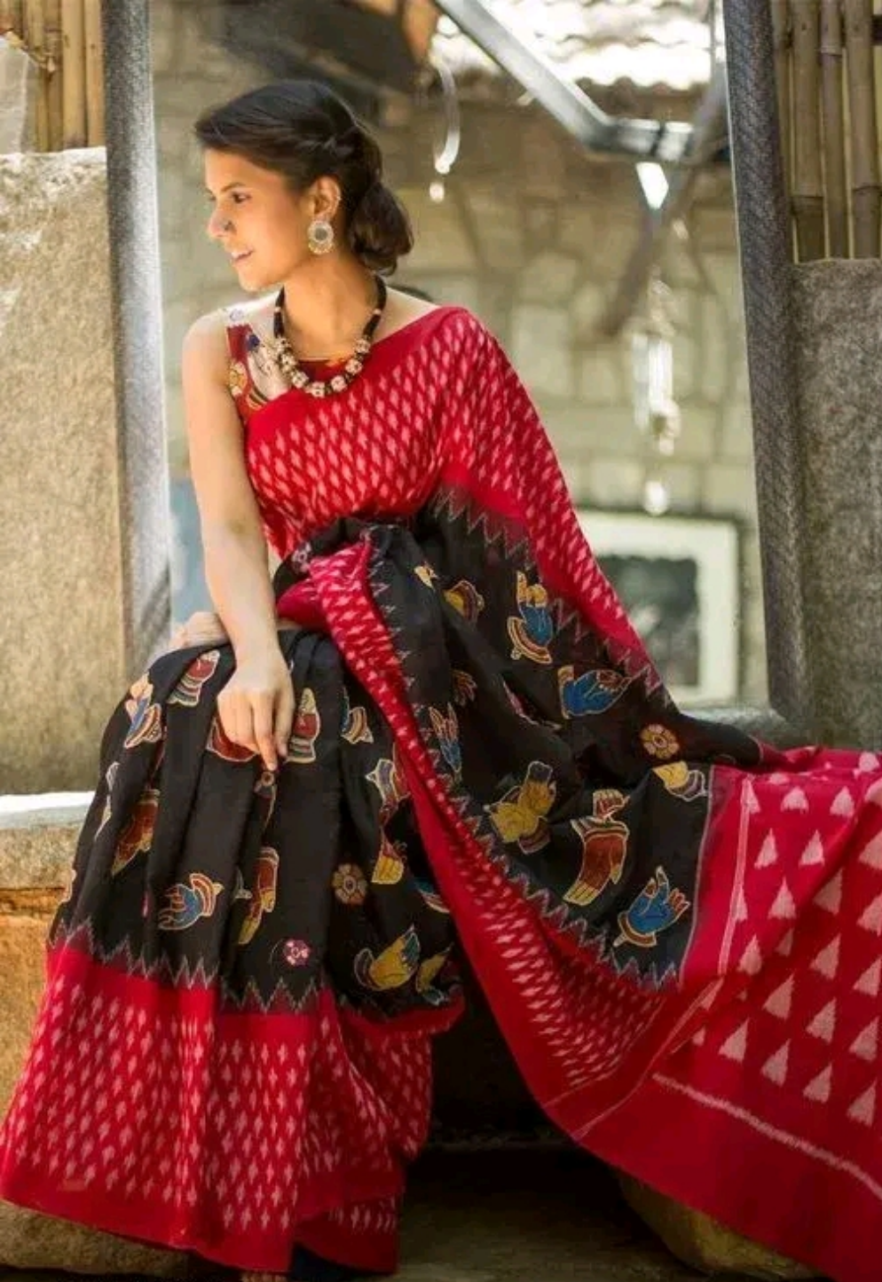 Tribal print Black and Red Ikat saree