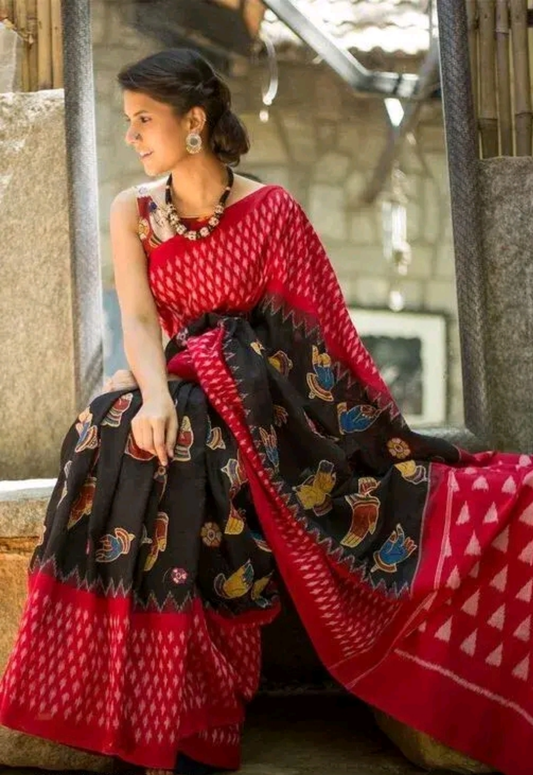 Tribal print Black and Red Ikat saree