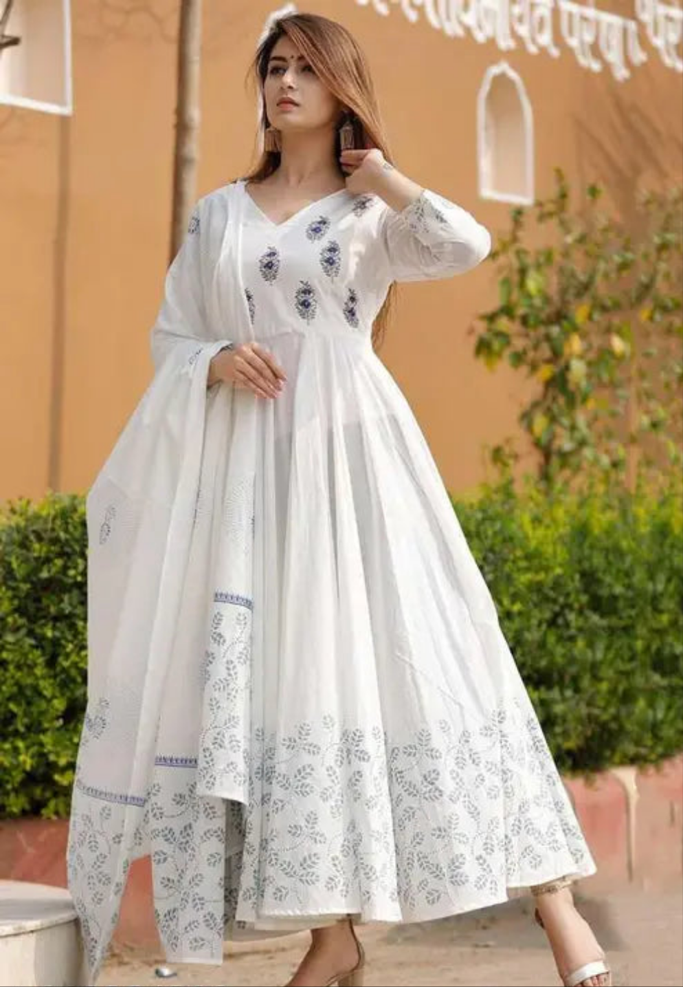 Elegant White Printed Anarkali