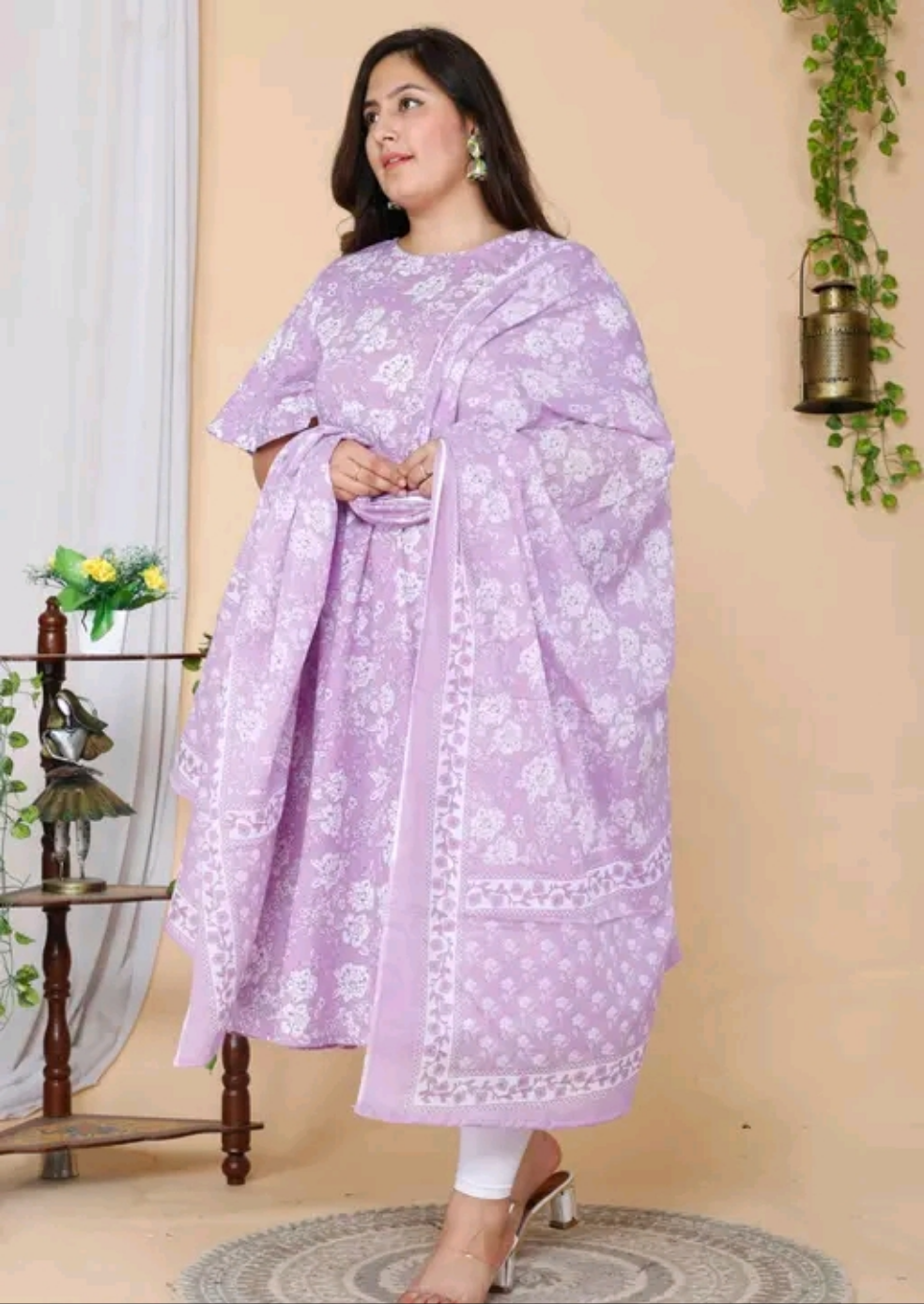 Floral Bell Sleeves Lavender Kurti with Dupatta