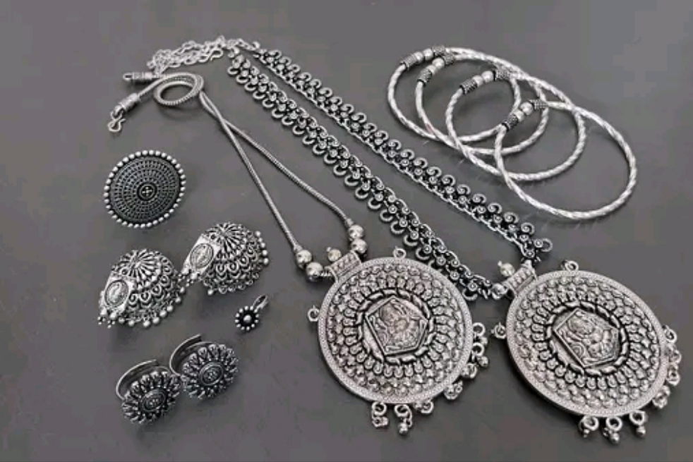 Antique Silver Coin Necklace with Bangles and nosepin 