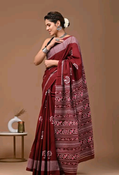 Mulmul Red Tribal print saree