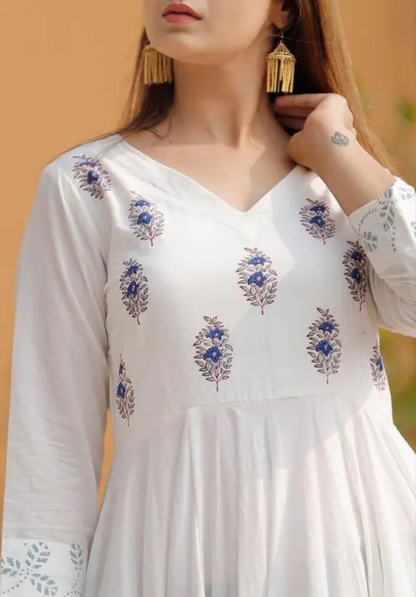 Elegant White Printed Anarkali