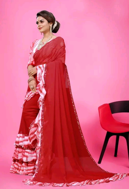 Sibori Mirror Work Ruffle Saree