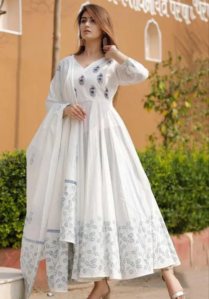 Elegant White Printed Anarkali