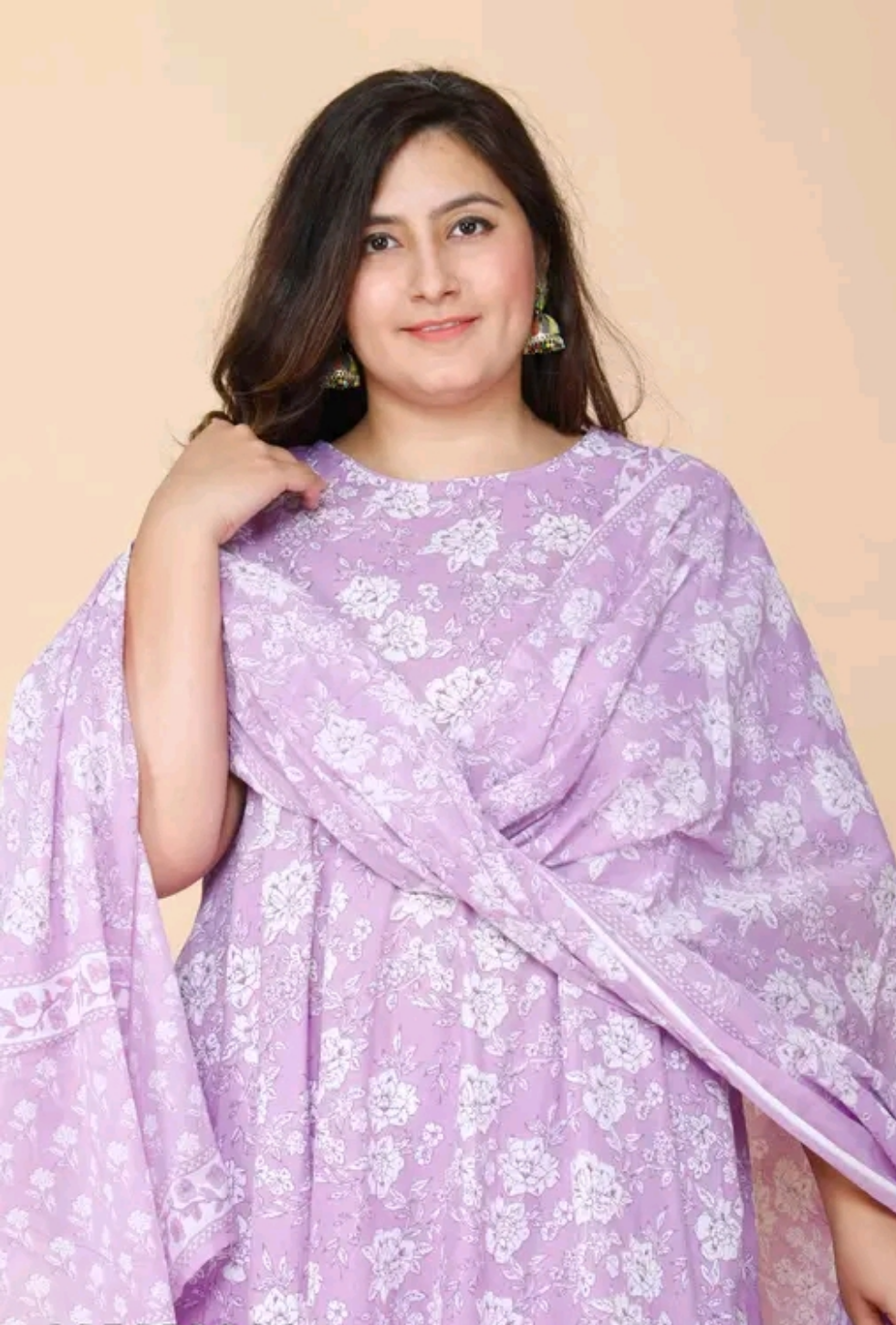 Floral Bell Sleeves Lavender Kurti with Dupatta