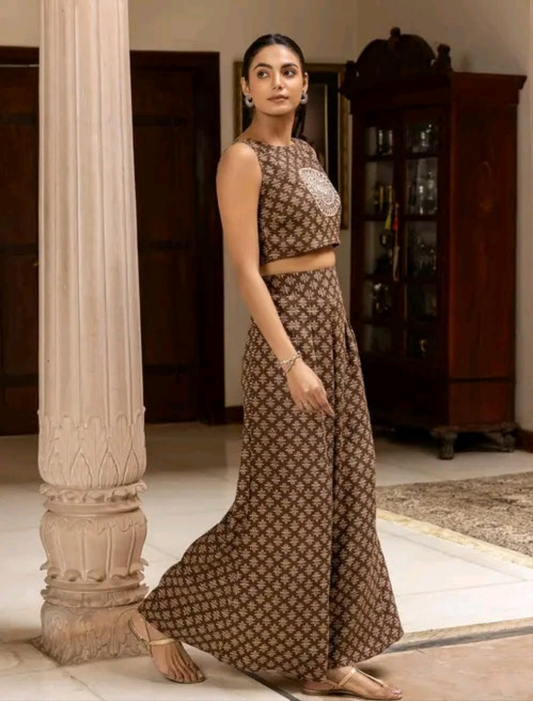 Brown Printed Co ord Set with Plazo