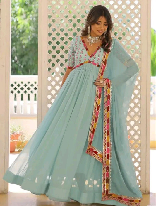 Aqua Blue Anarkali with Dupatta