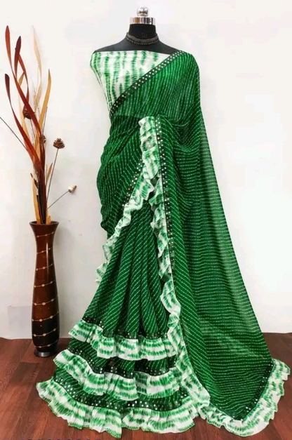 Leheriya Ruffle Saree with Sequence Work